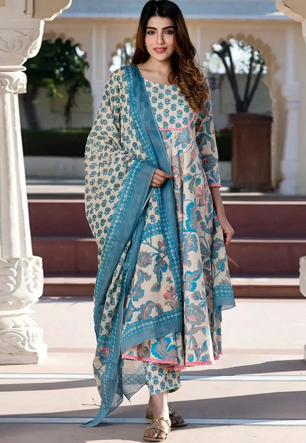 Off White Cotton Readymade Anarkali Suit 315966