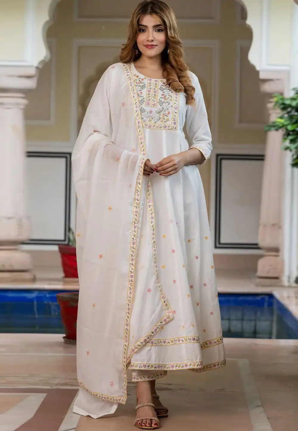 Off White Cotton Readymade Anarkali Suit 315978