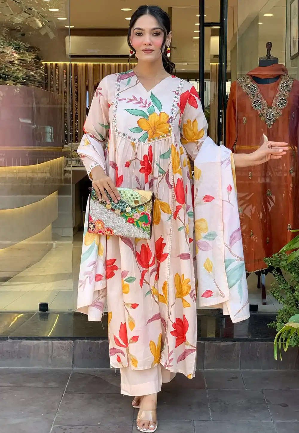 Off White Cotton Readymade Anarkali Suit 315981