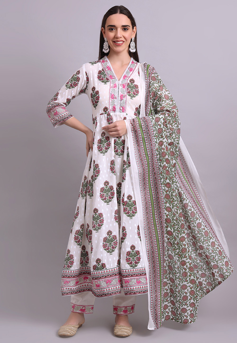 Off White Cotton Readymade Anarkali Suit 309667