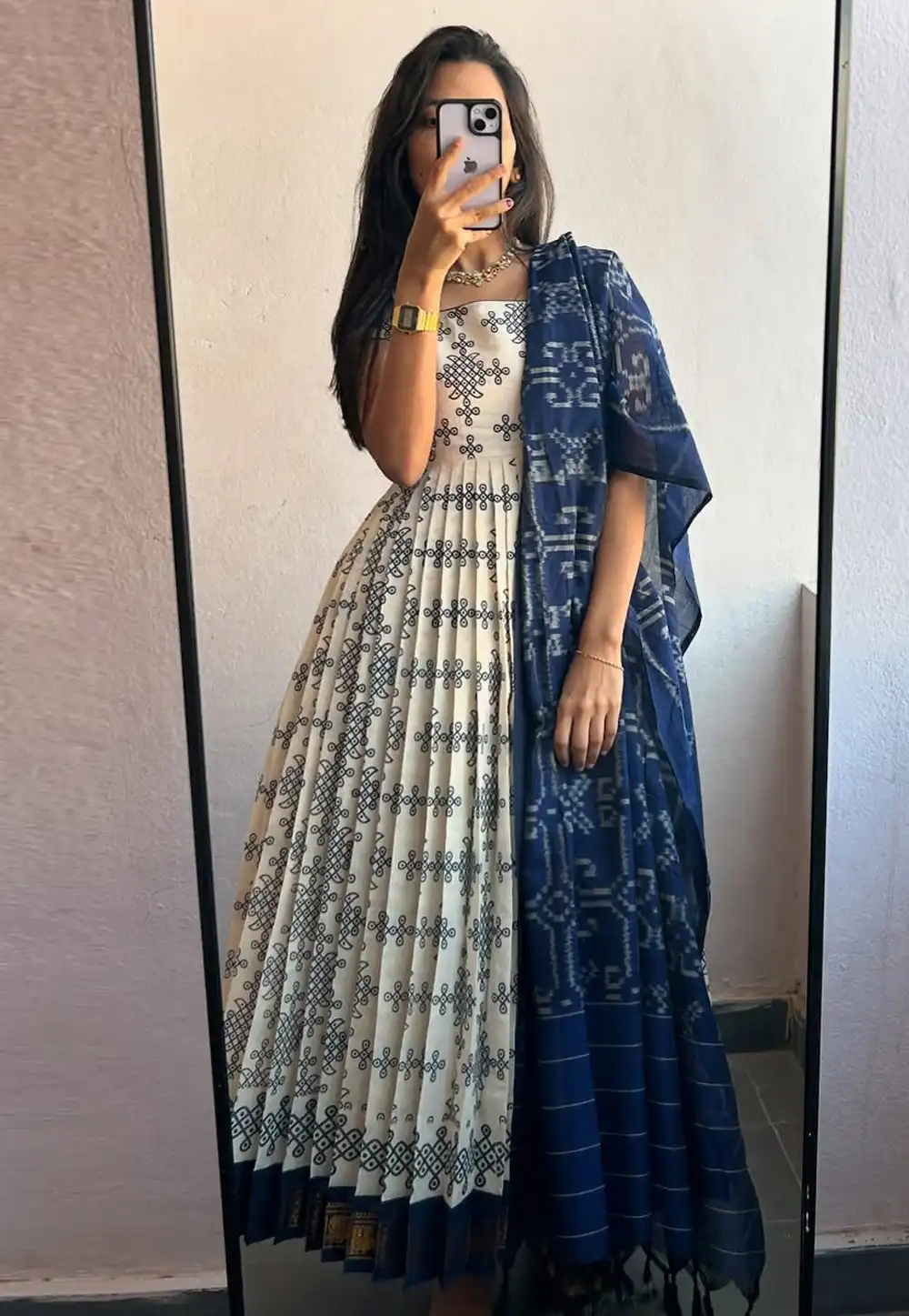 Off White Polyester Readymade Long Anarkali Suit 308725