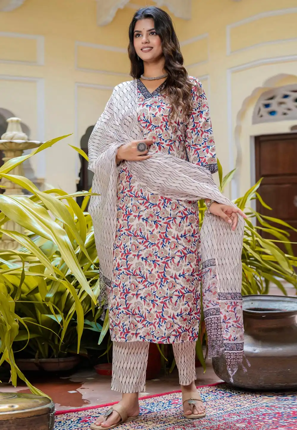 Off White Cotton Readymade Pakistani Suit 326233
