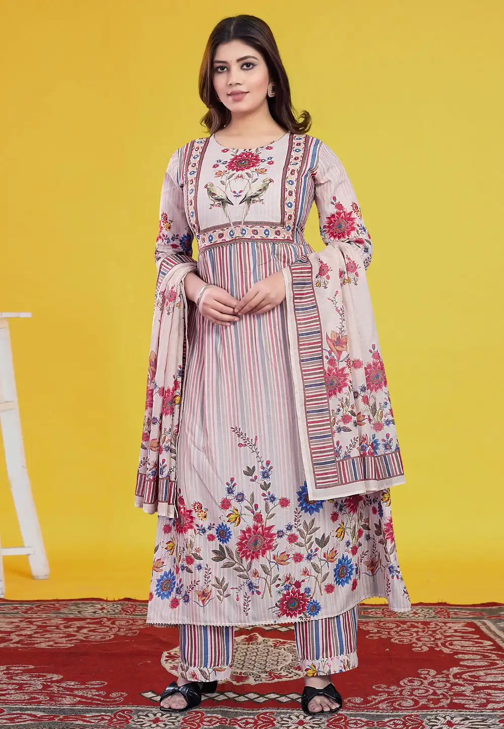 Off White Cotton Readymade Pant Style Suit 307042
