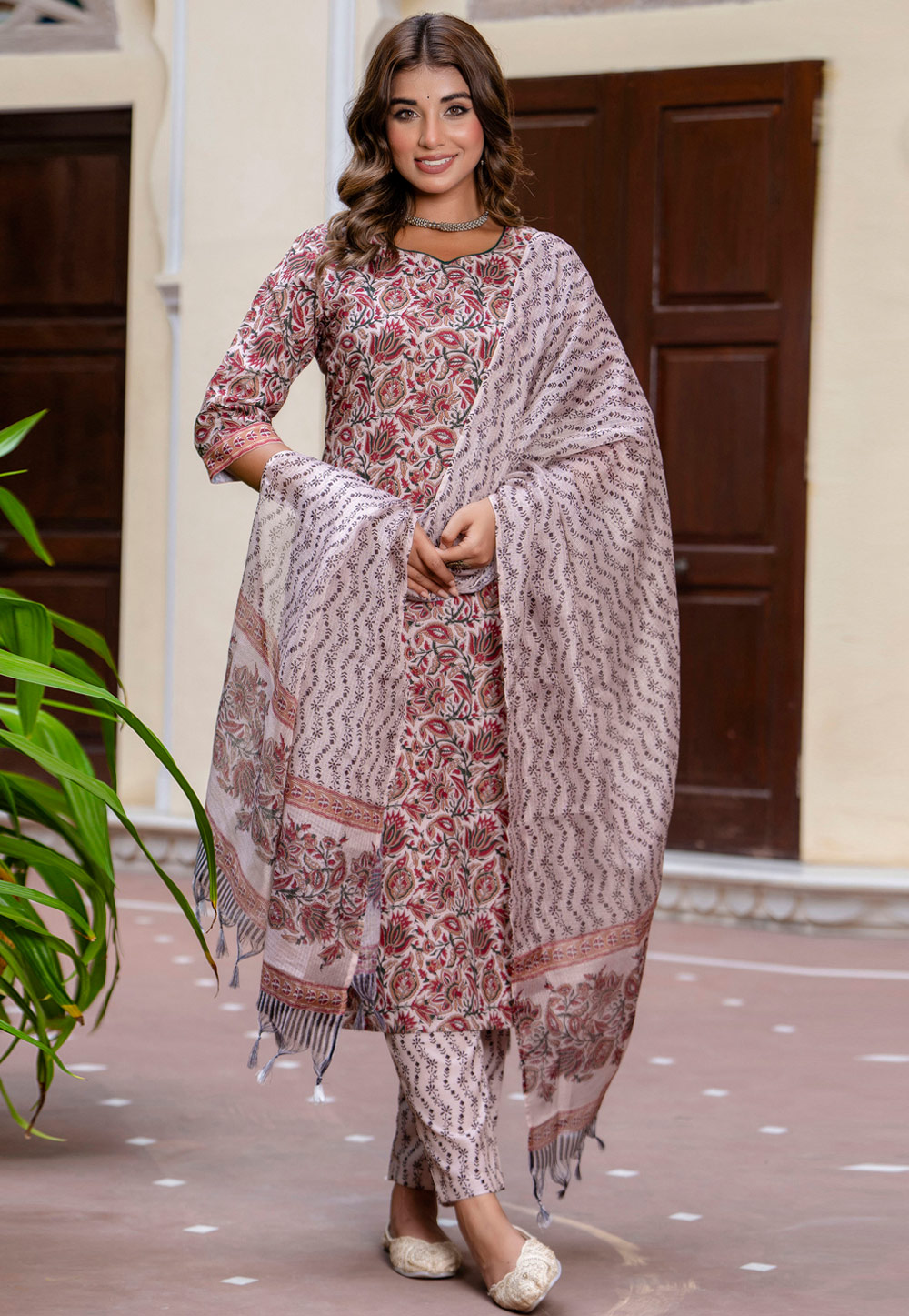 Off White Cotton Readymade Pant Style Suit 326239