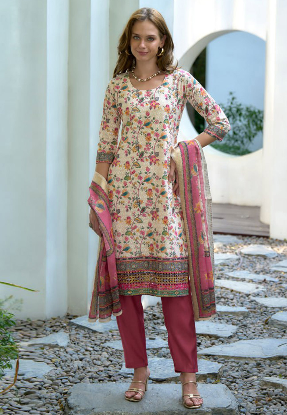 Off White Cotton Readymade Pant Style Suit 312008