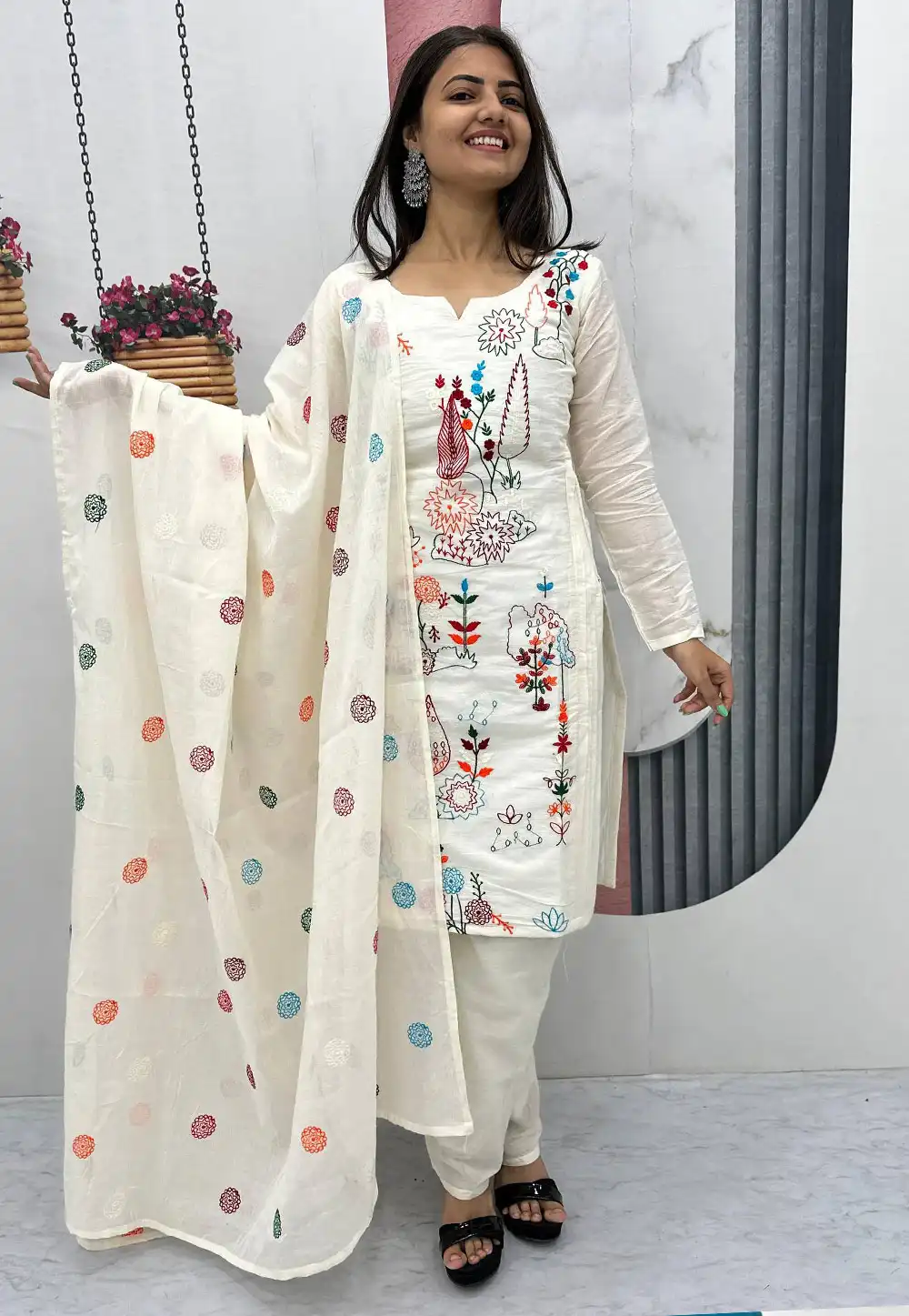 Off White Cotton Readymade Pant Style Suit 328906