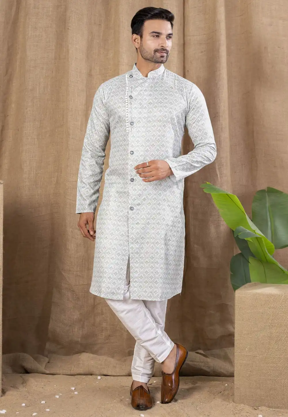 Off White Cotton Silk Indo Western Suit 316486