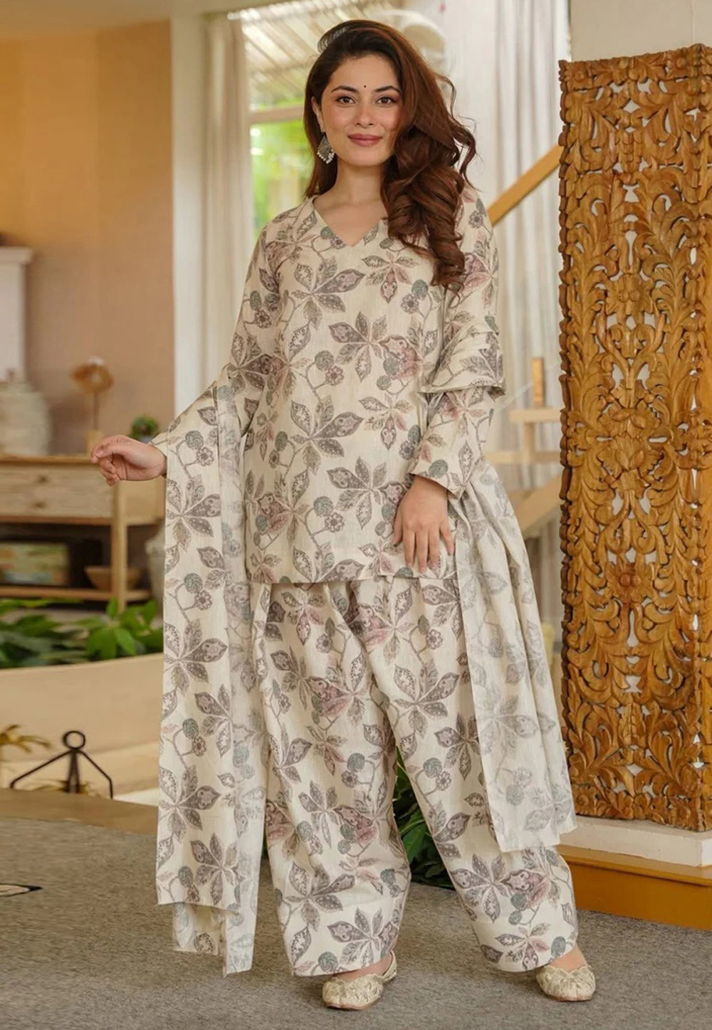 Off White Cotton Silk Readymade Patiala Suit 326347