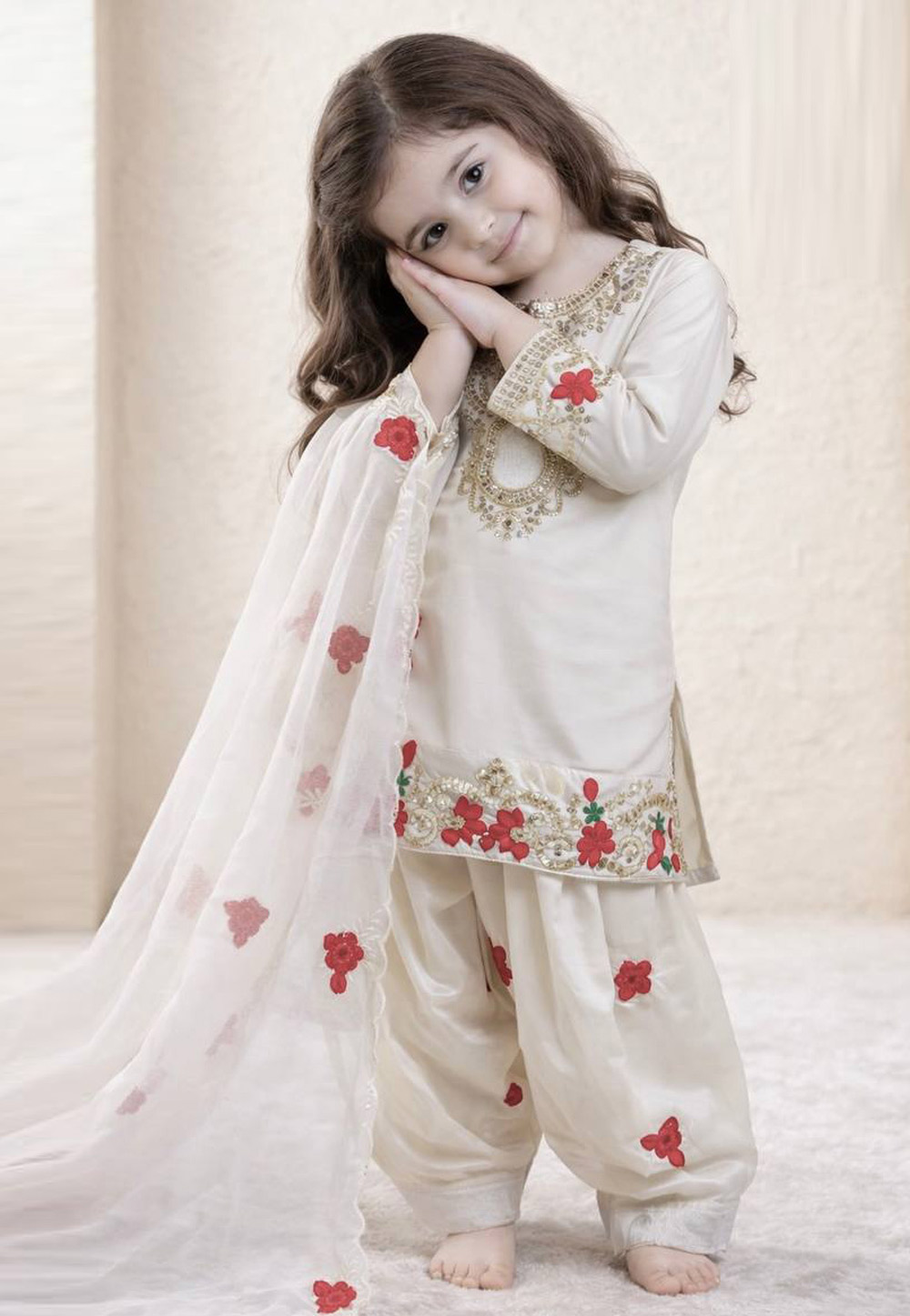 Off White Crepe Kids Punjabi Suit 327176