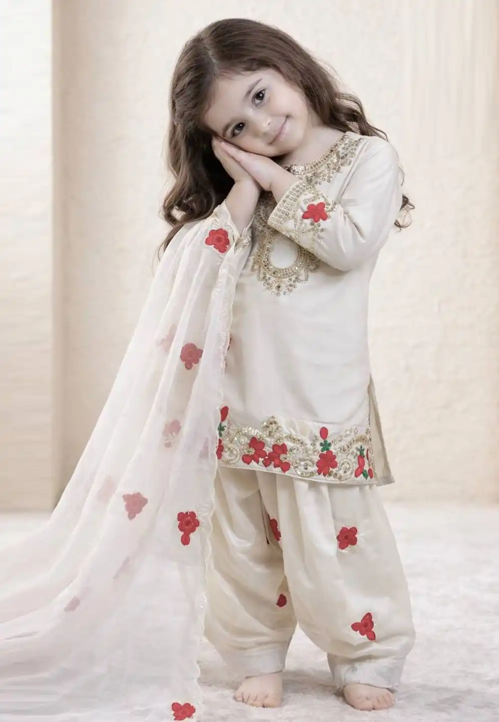 Off White Crepe Kids Punjabi Suit 327176