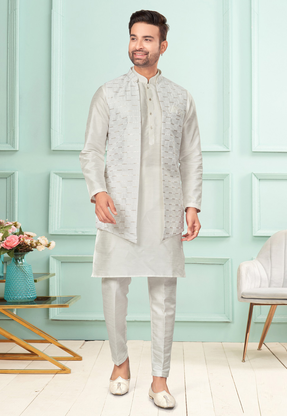 Off White Dupion Kurta Pajama With Jacket 283891