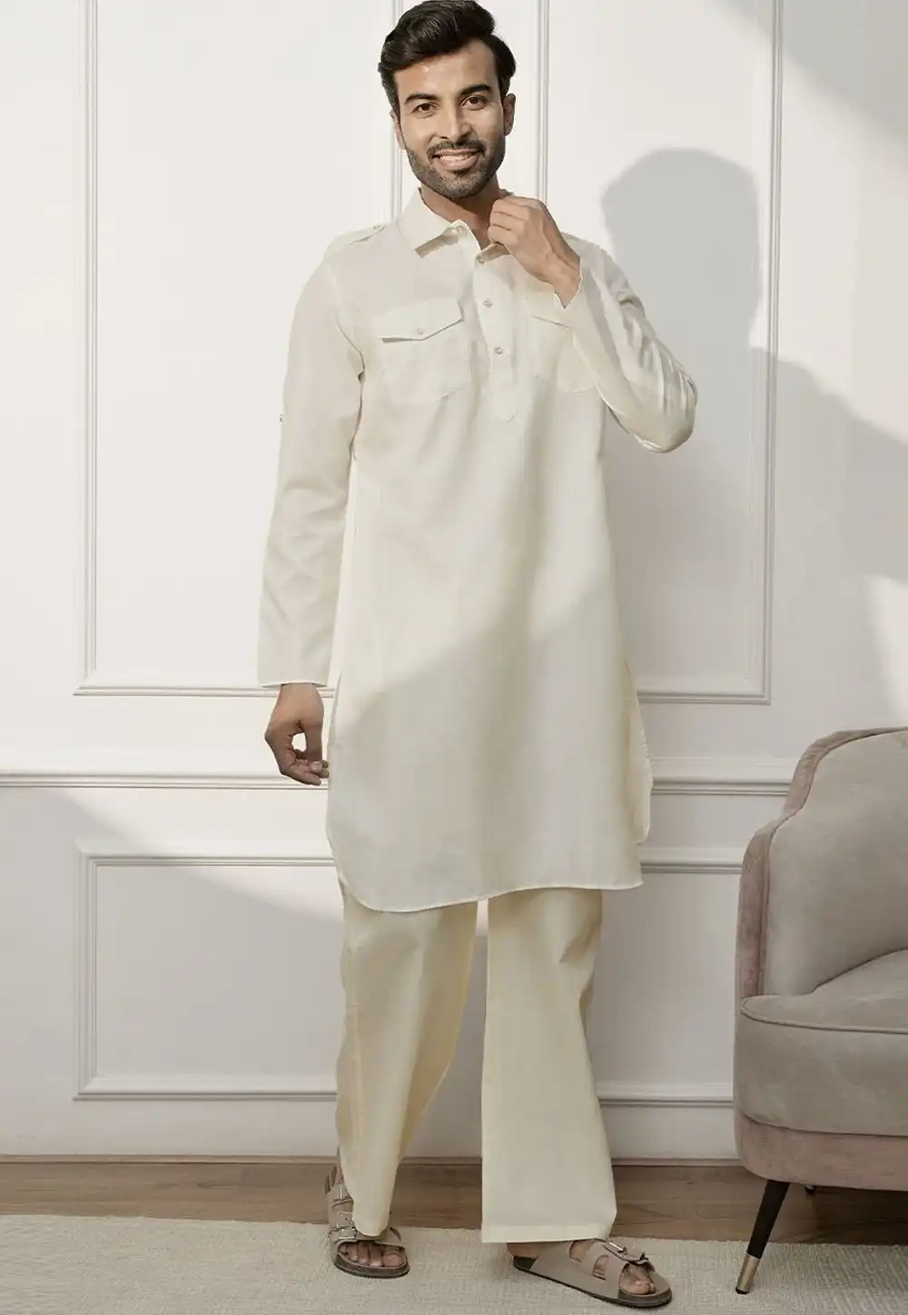 Off White Dupion Pathani Suit 314238