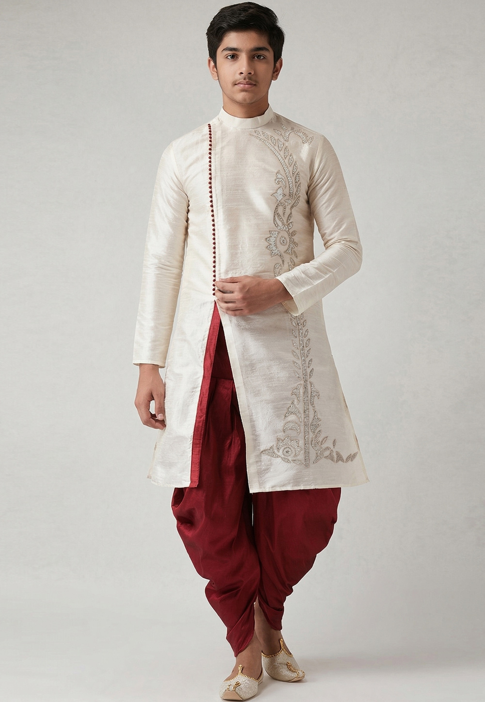 Off White Dupion Silk Kids Dhoti Kurta 329301