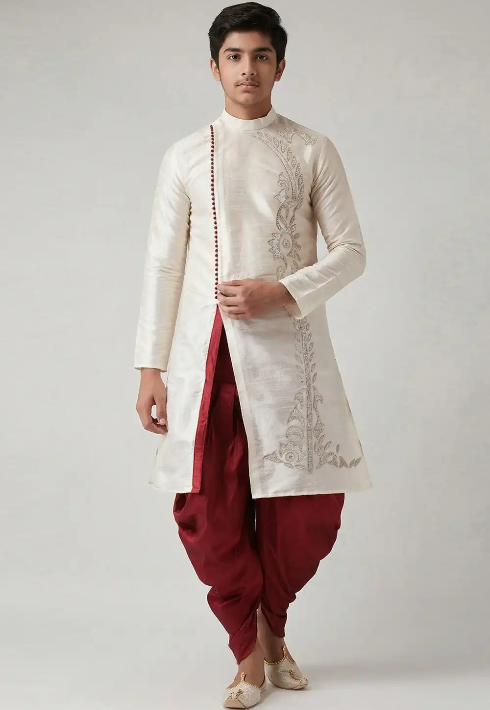 Off White Dupion Silk Kids Dhoti Kurta 329301
