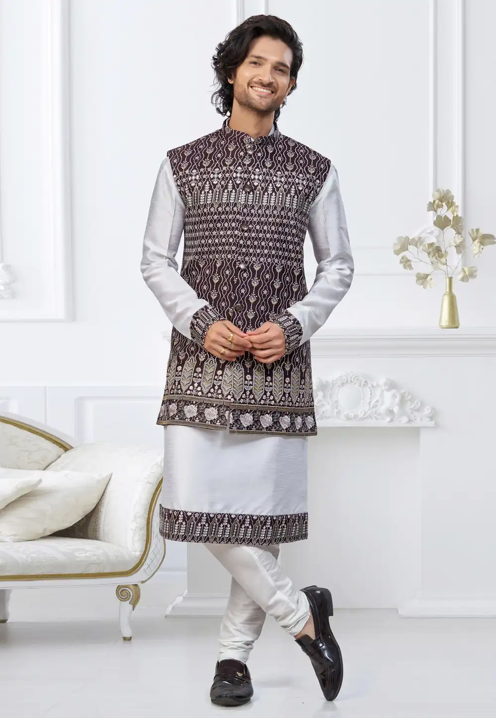 Off White Dupion Silk Kurta Pajama With Jacket 317868