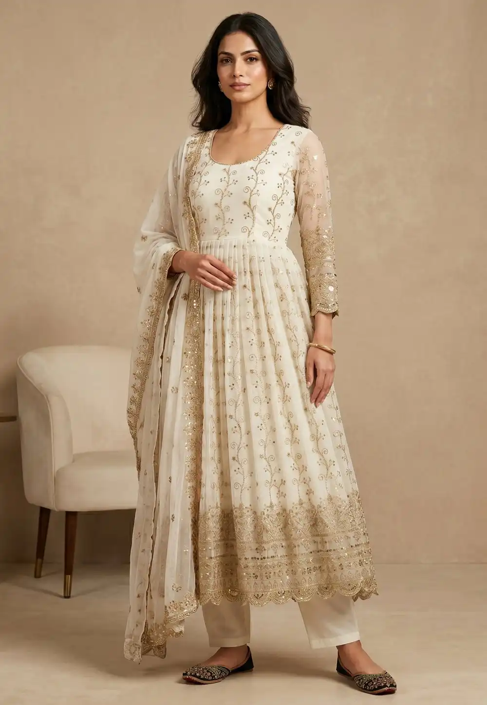 Off White Faux Georgette Readymade Pant Style Suit 330711