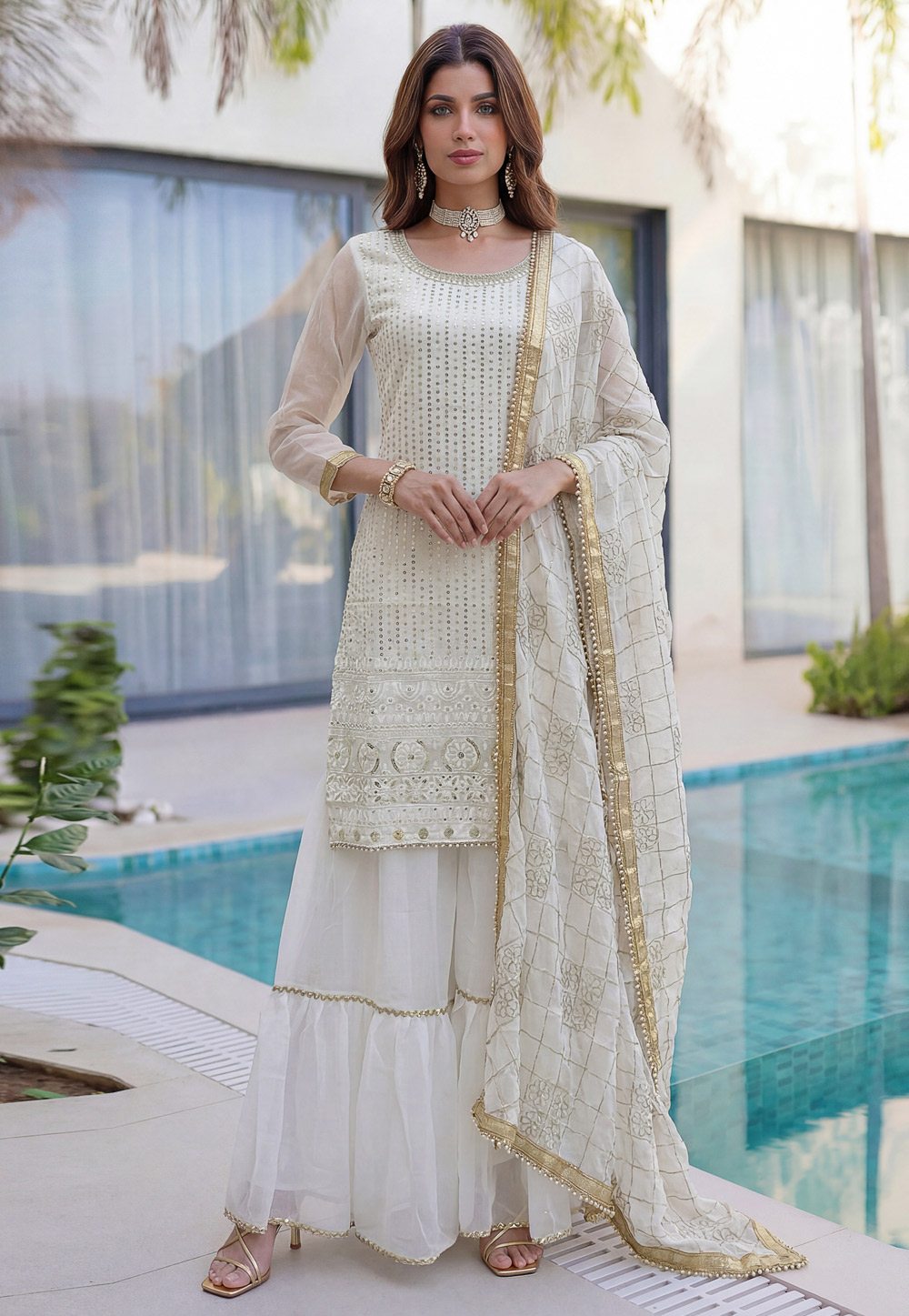 Off White Faux Georgette Readymade Sharara Suit 327993