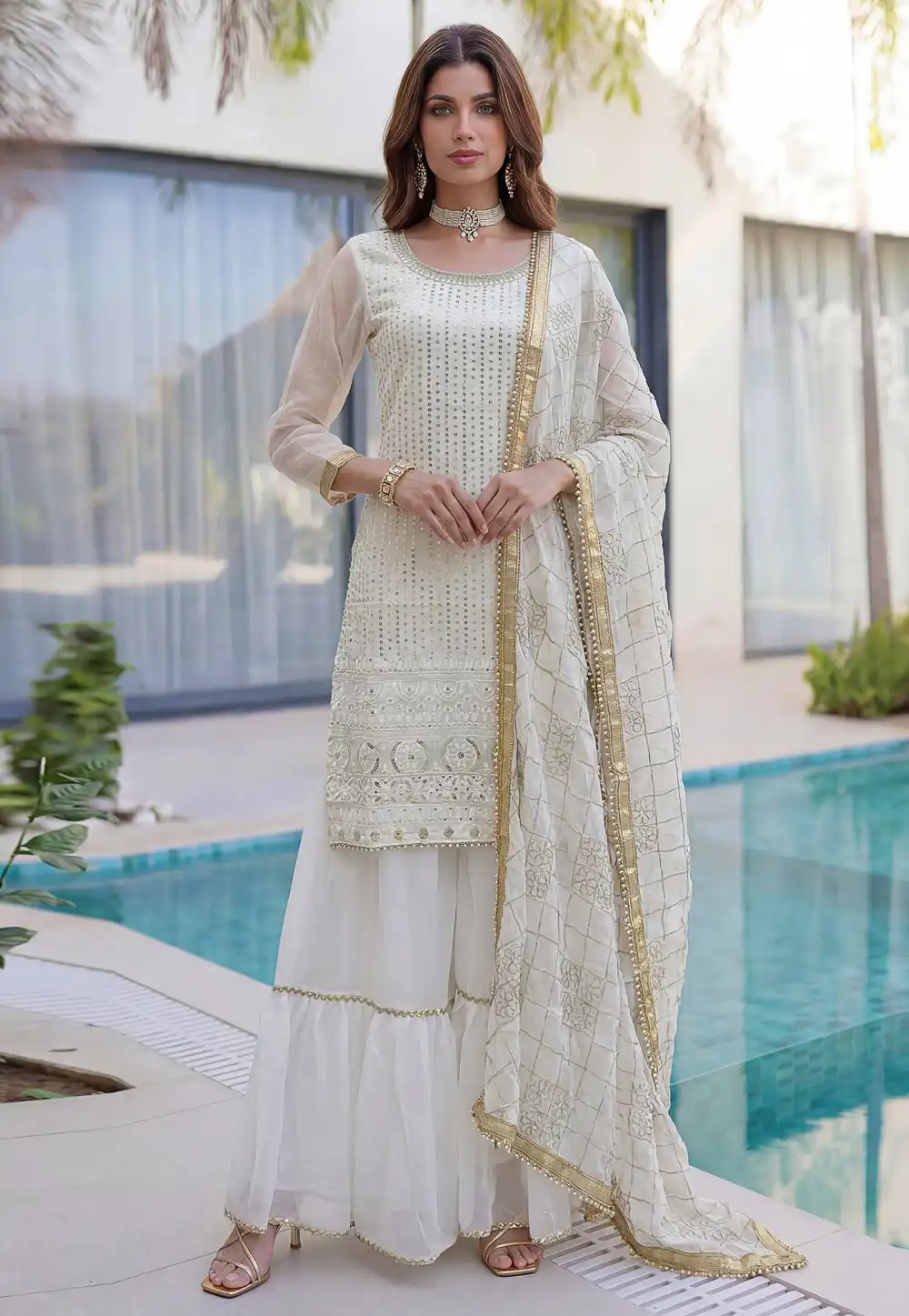 Off White Faux Georgette Readymade Sharara Suit 327993