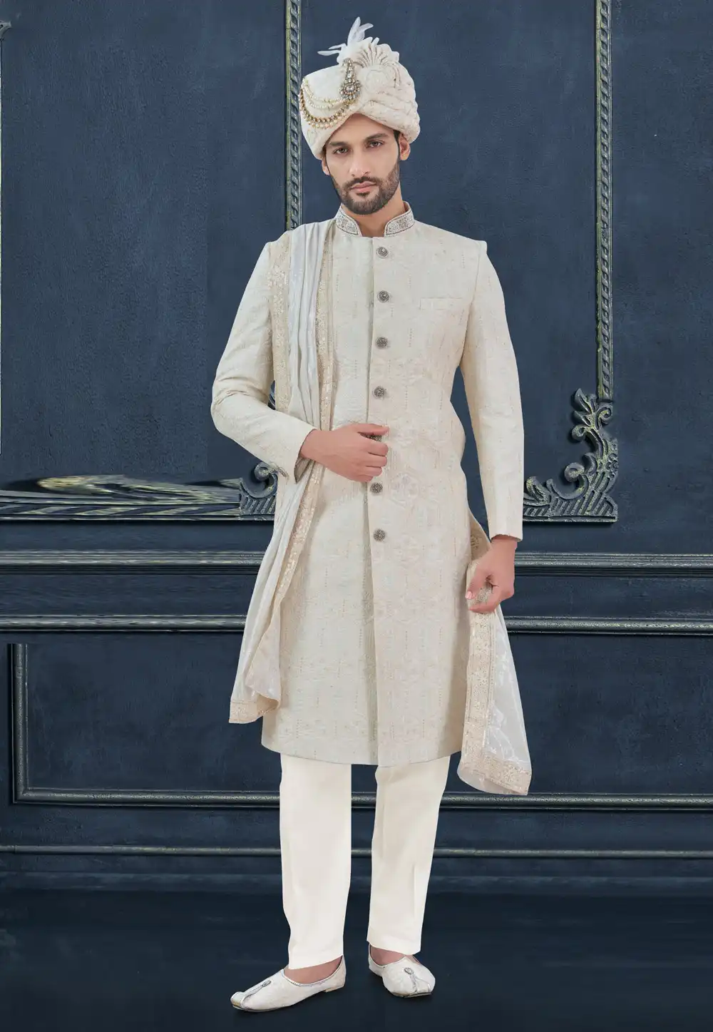 Off White Georgette Achkan Style Sherwani 305208