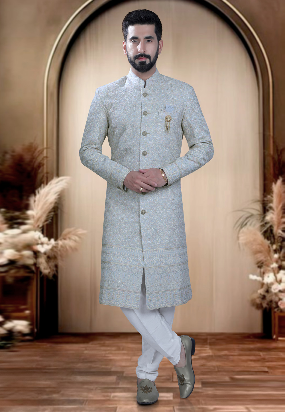 Off White Georgette Achkan Style Sherwani 319656