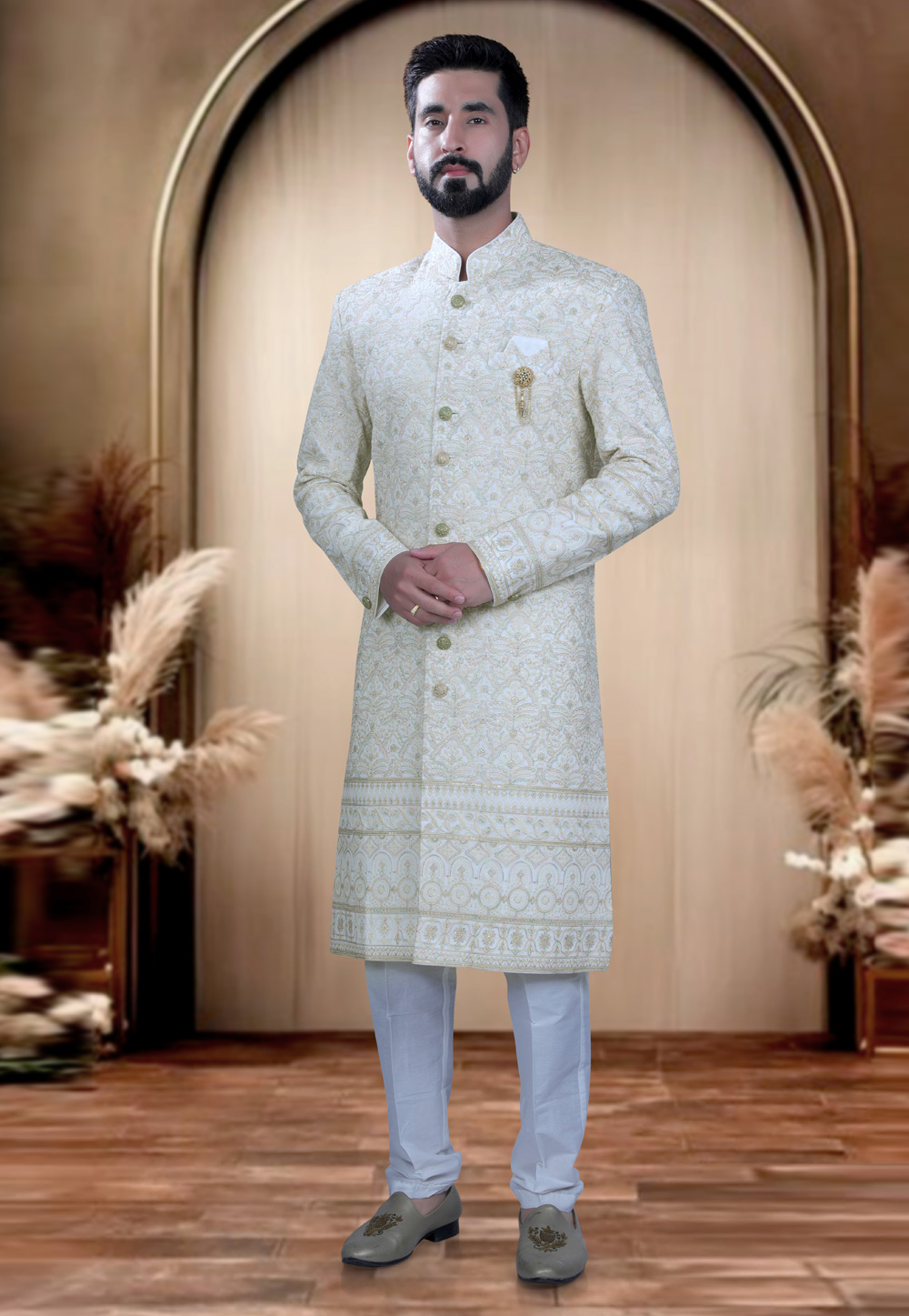 Off White Georgette Achkan Style Sherwani 319660