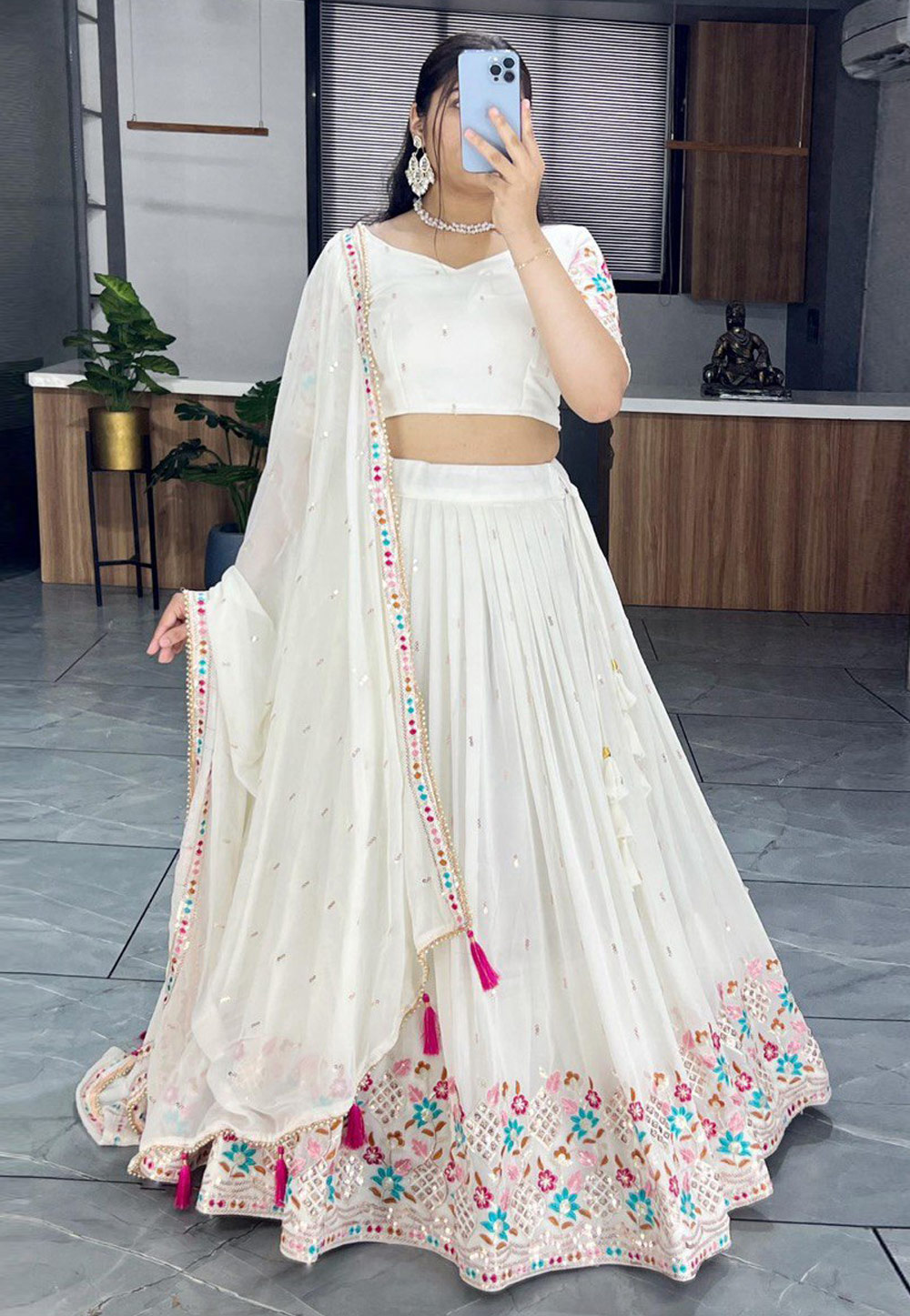 Off White Georgette Circular Lehenga Choli 308939
