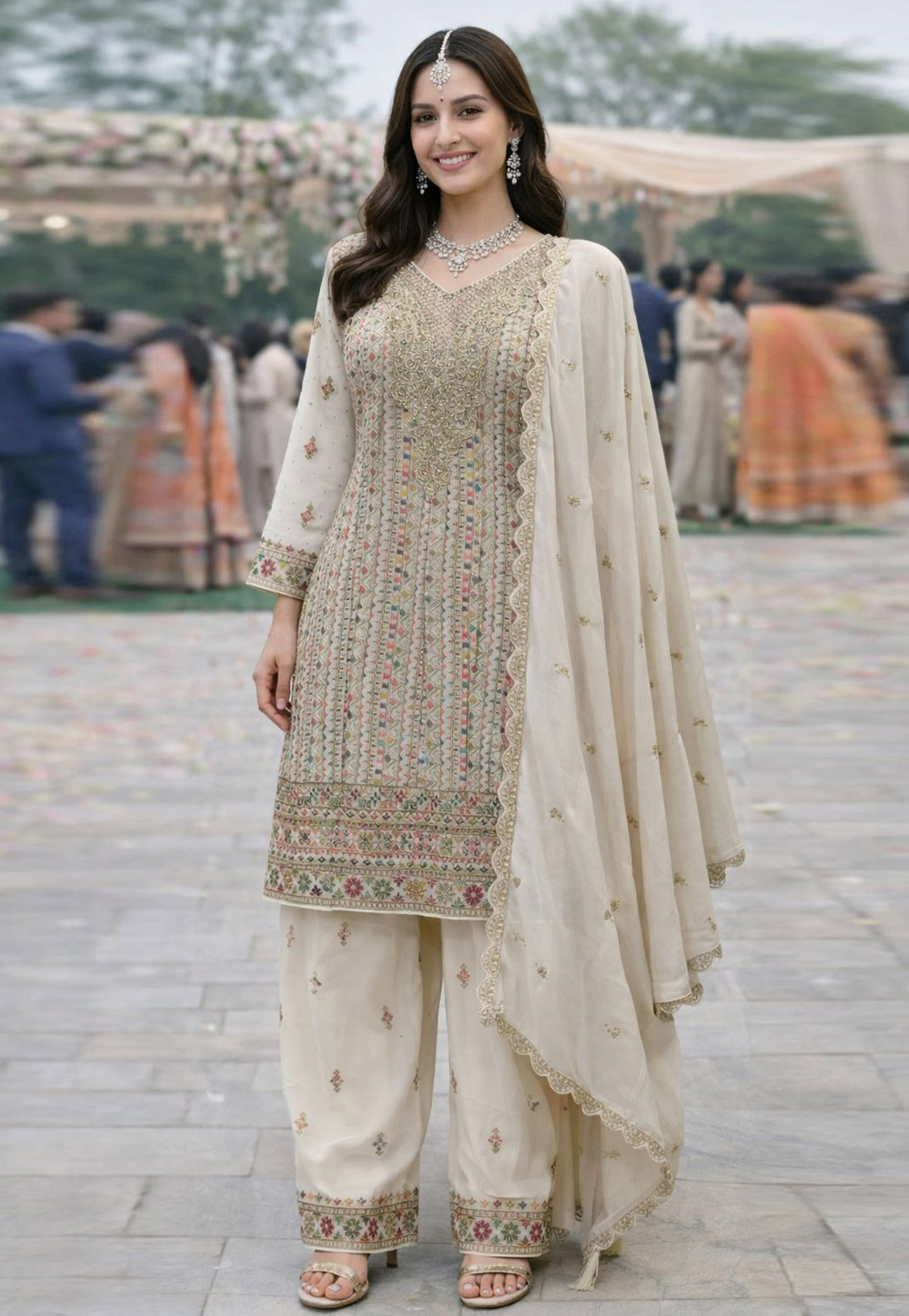 Off White Georgette Embroidered Palazzo Suit 327302