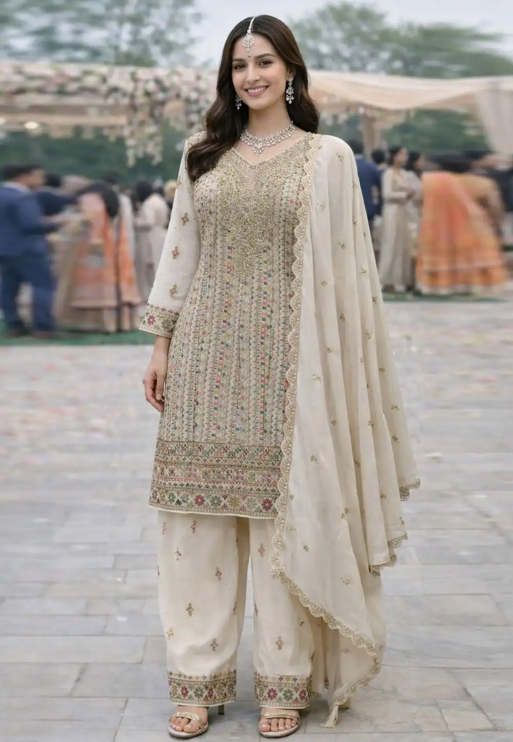 Off White Georgette Embroidered Palazzo Suit 327302