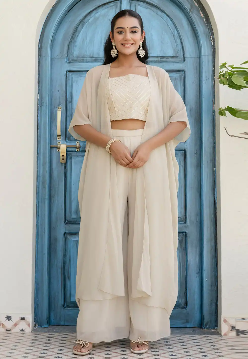 Off White Georgette Jacket Style Suit 313913
