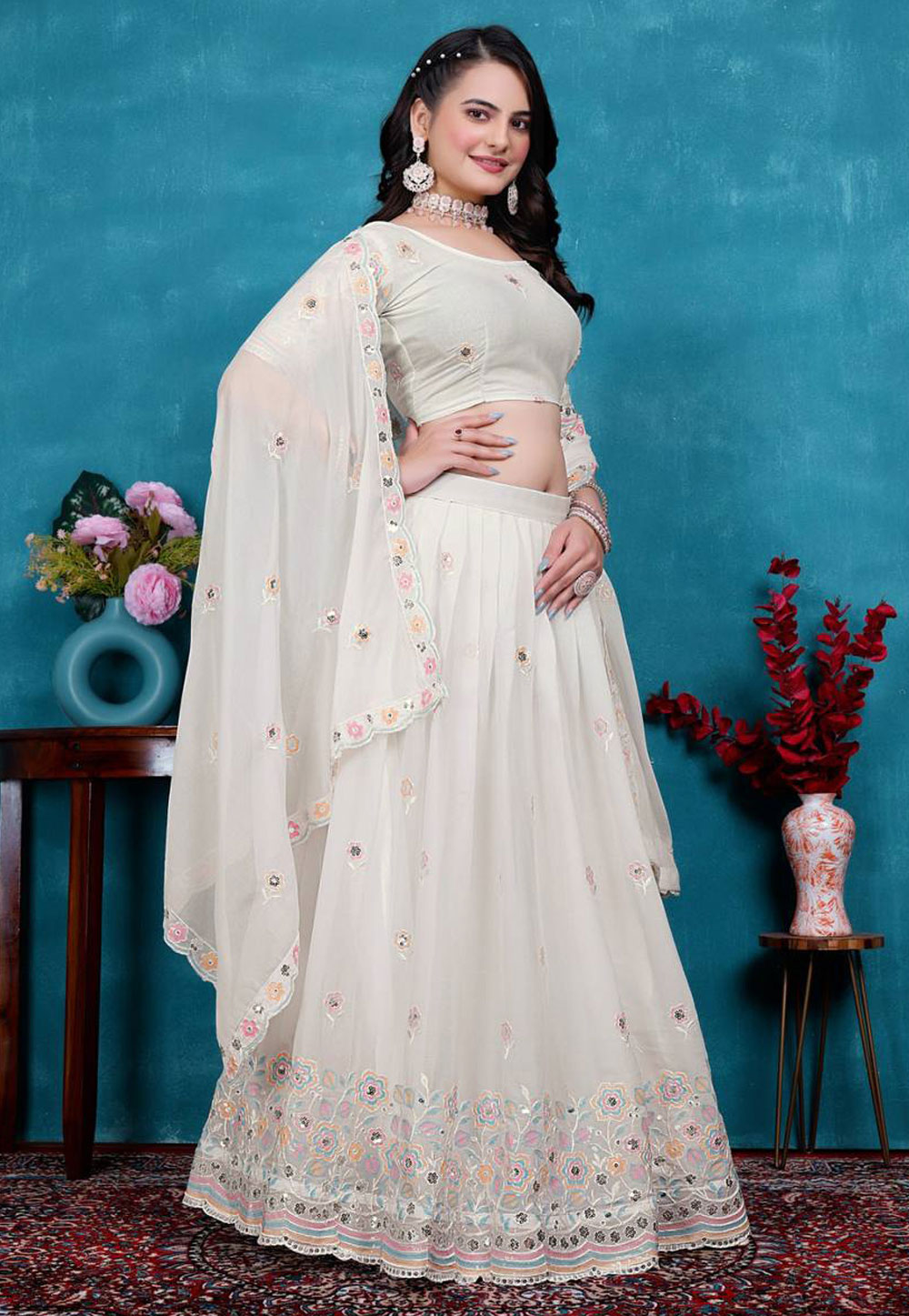Off White Georgette Lehenga Choli 306299