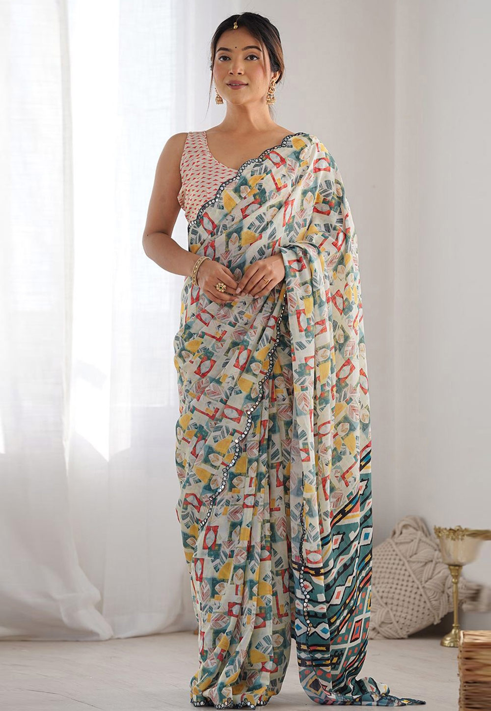 Off White Georgette Light Weight Saree 311563