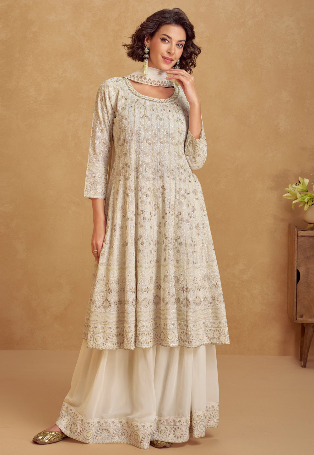 Off White Georgette Palazzo Suit 310391