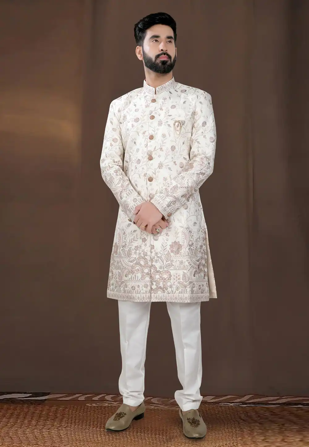 Off White Jacquard Indo Western Sherwani 312813