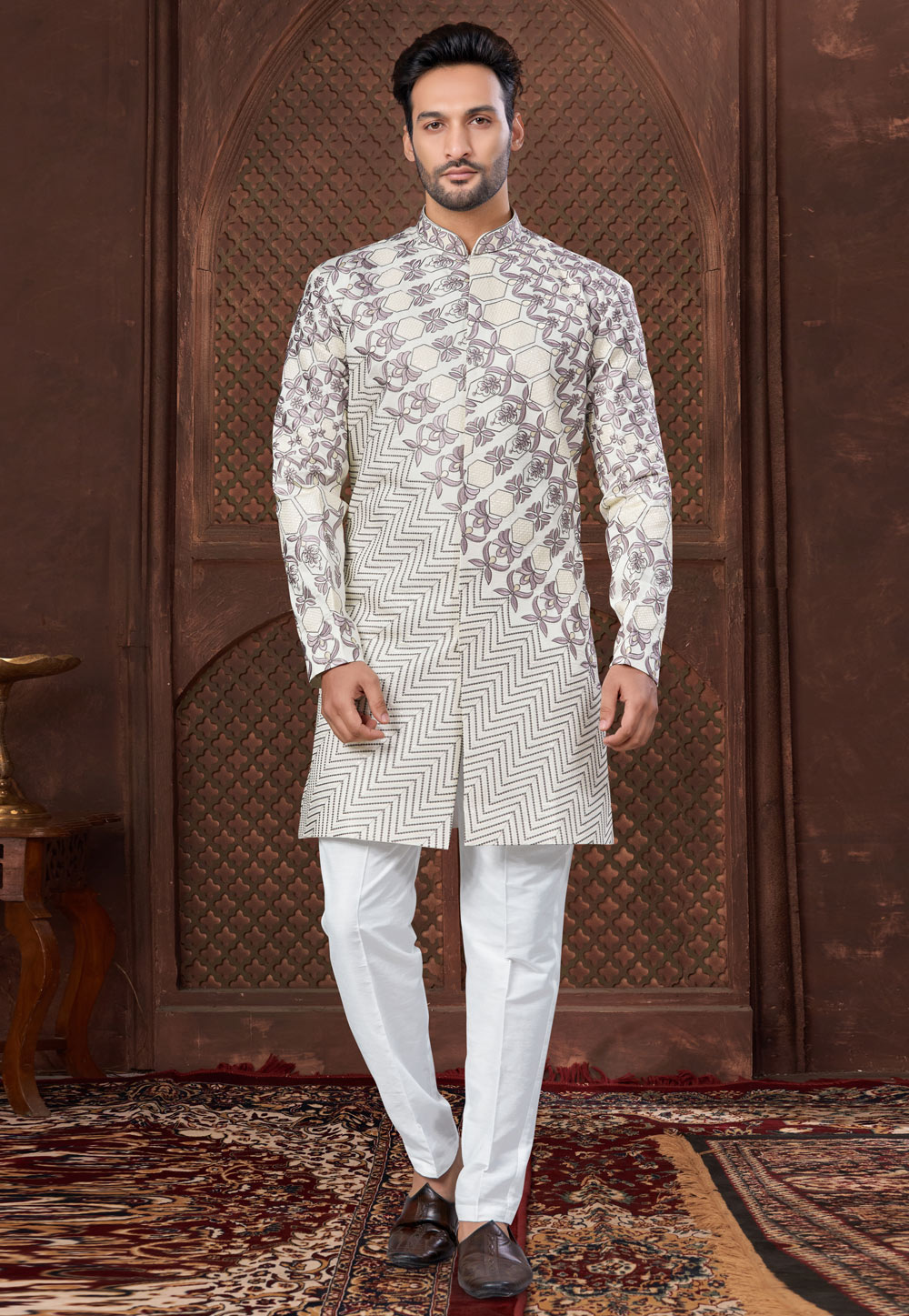 Off White Jacquard Indo Western Suit 307670