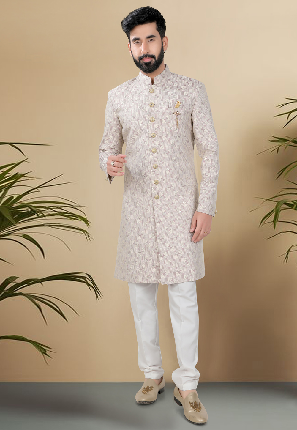 Off White Jacquard Indo Western Suit 313068