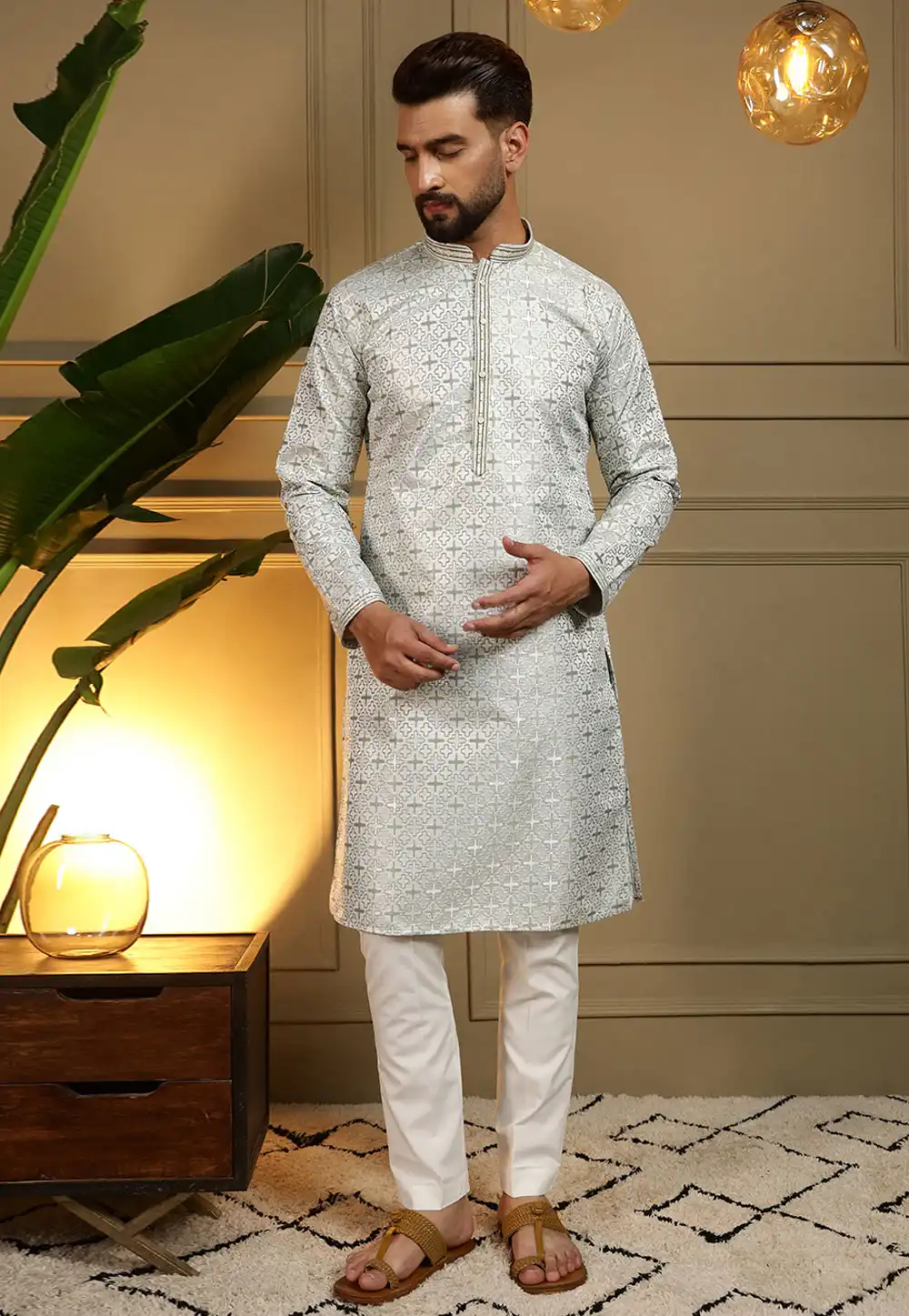 Off White Jacquard Kurta Pajama 322102