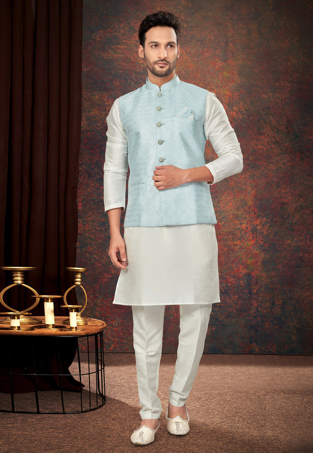 Off White Jacquard Kurta Pajama With Jacket 283987