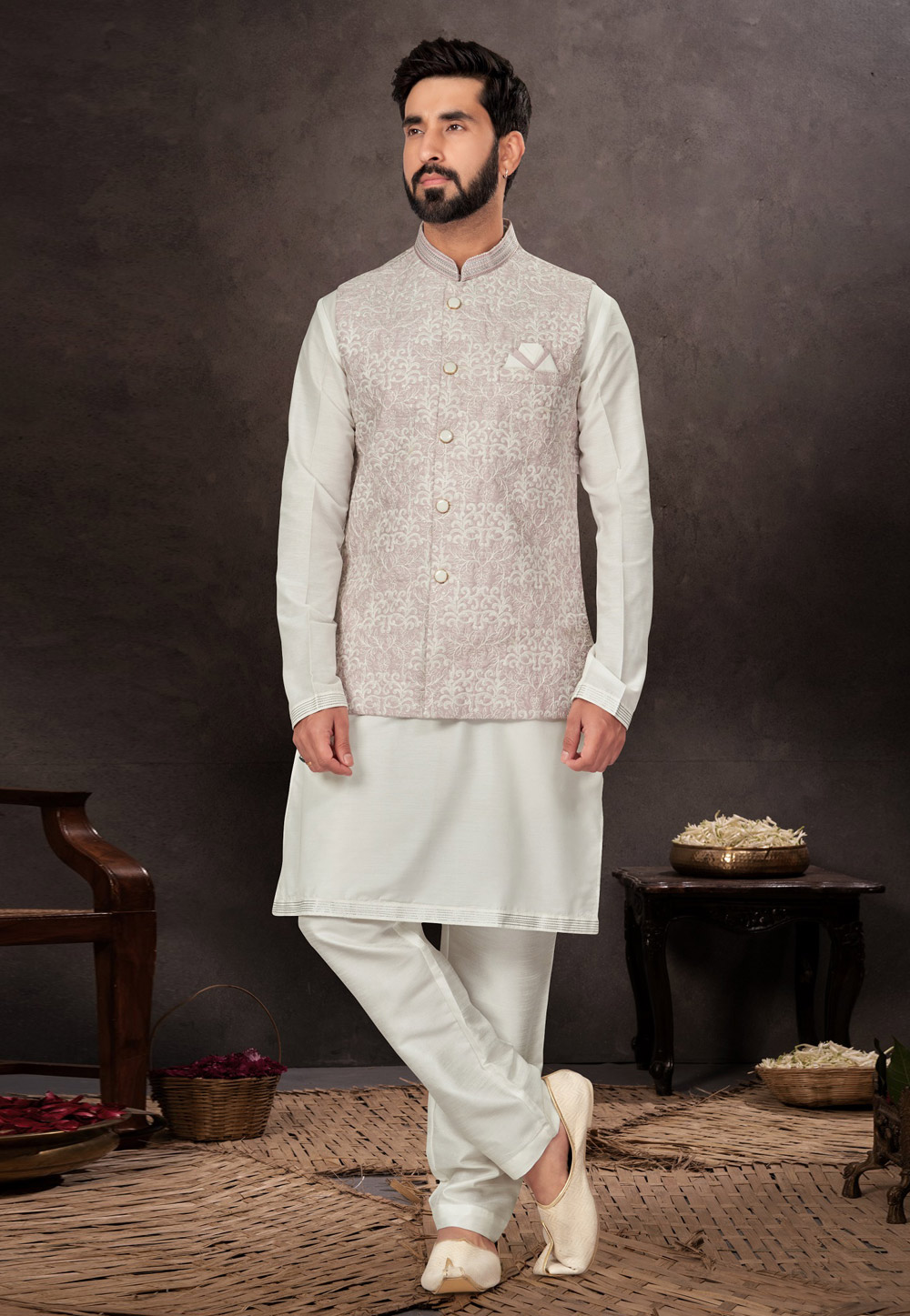 Off White Jacquard Kurta Pajama With Jacket 283943