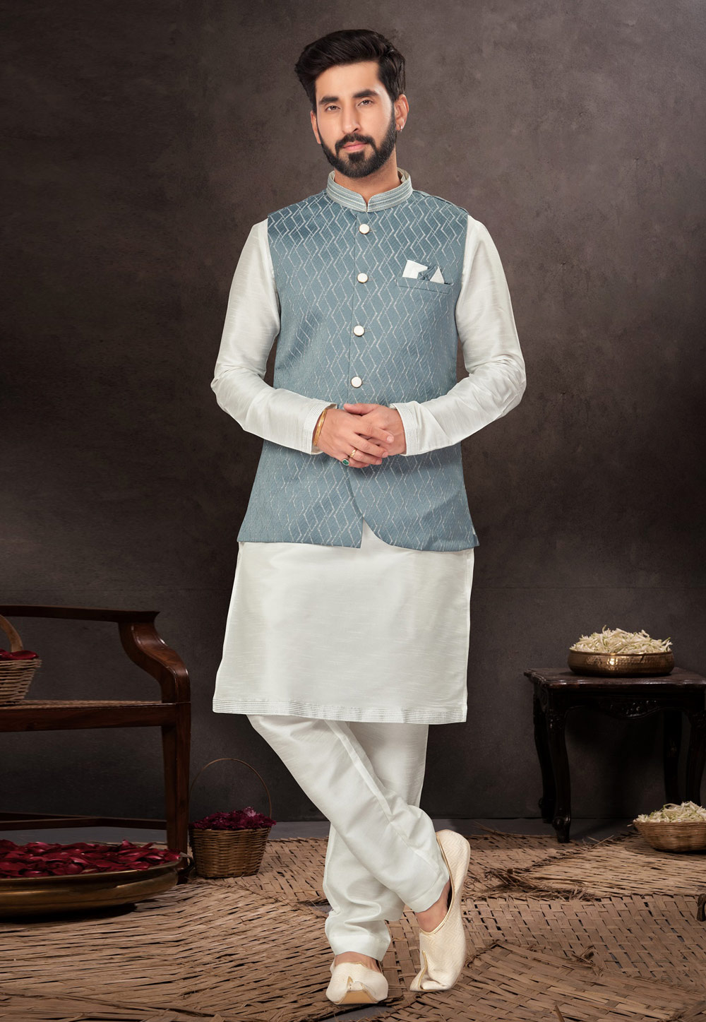 Off White Jacquard Kurta Pajama With Jacket 283947