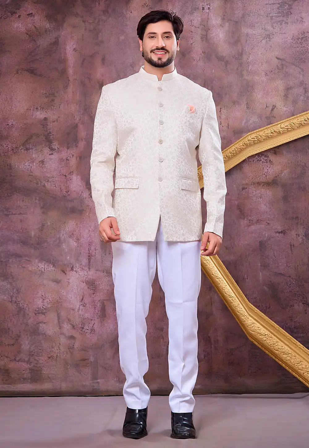 Off White Jacquard Silk Jodhpuri Suit 327080