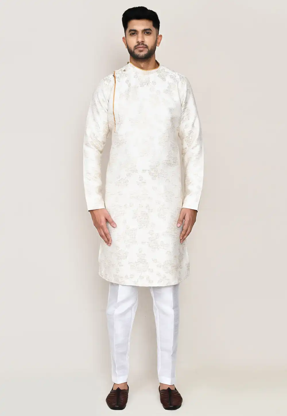 Off White Jacquard Silk Kurta Pajama 306080