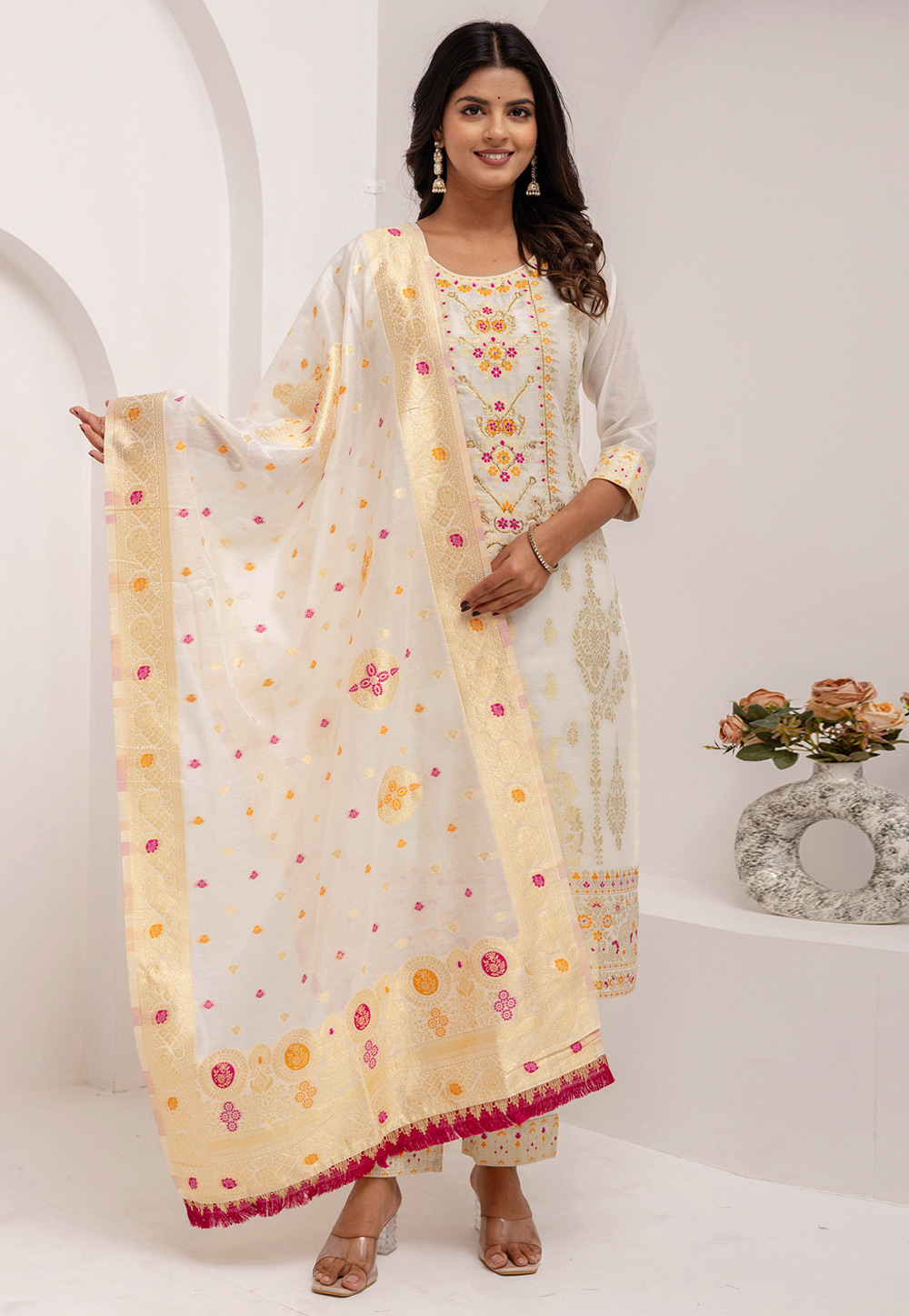 Off White Jacquard Silk Readymade Pakistani Suit 308714