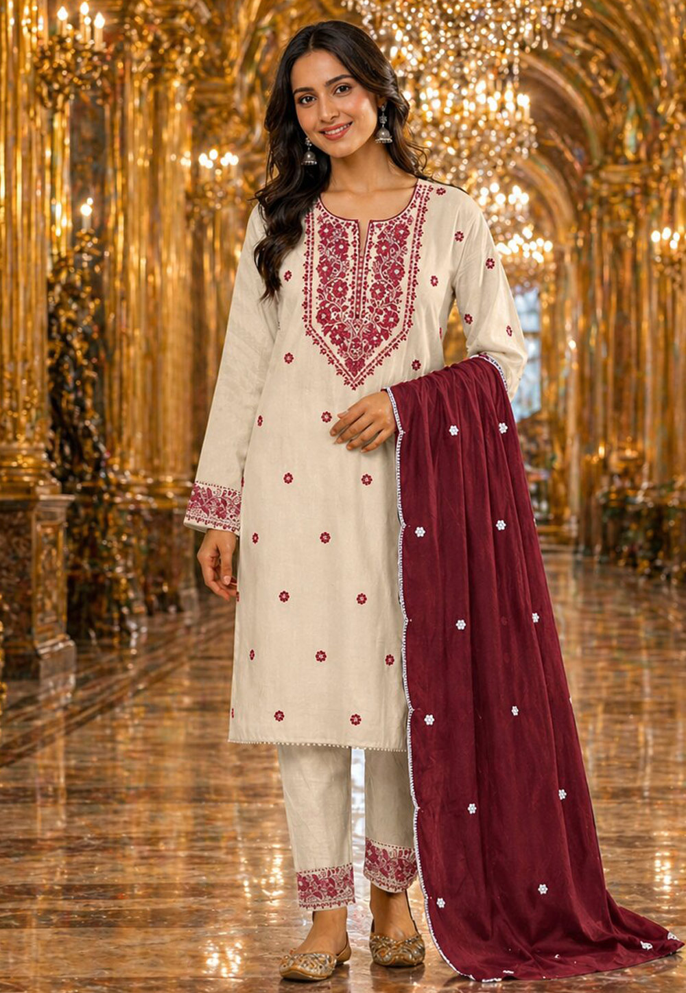 Off White Khadi Cotton Pakistani Suit 328132