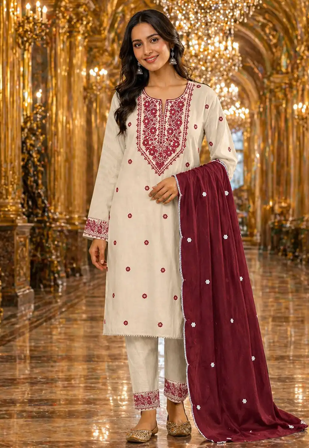 Off White Khadi Cotton Pakistani Suit 328132