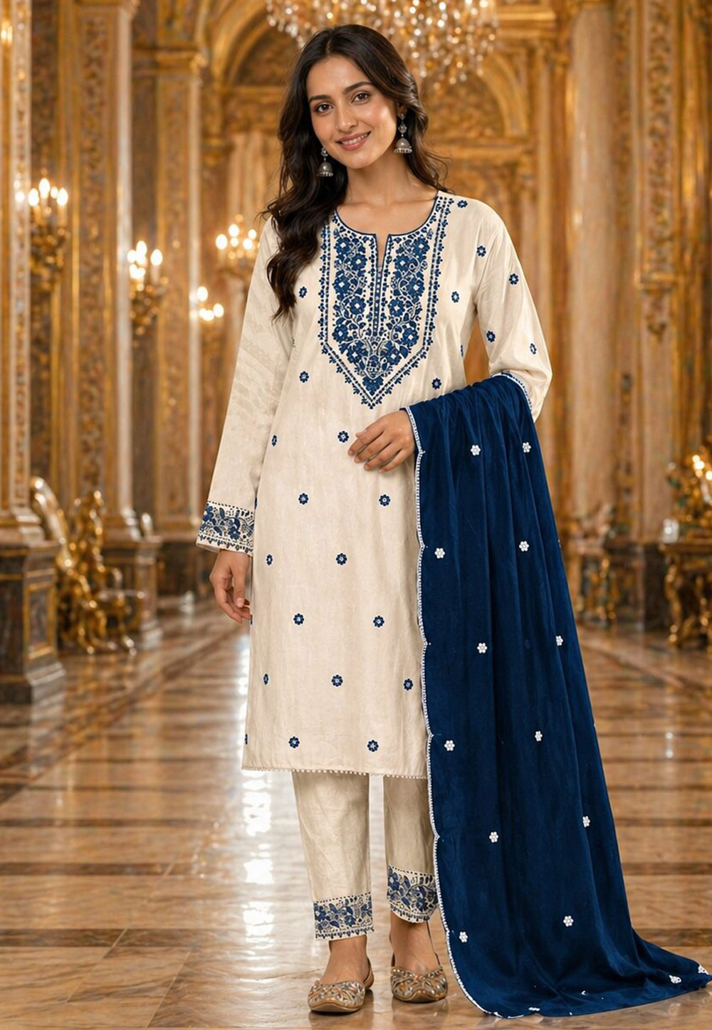 Off White Khadi Cotton Straight Suit 328130