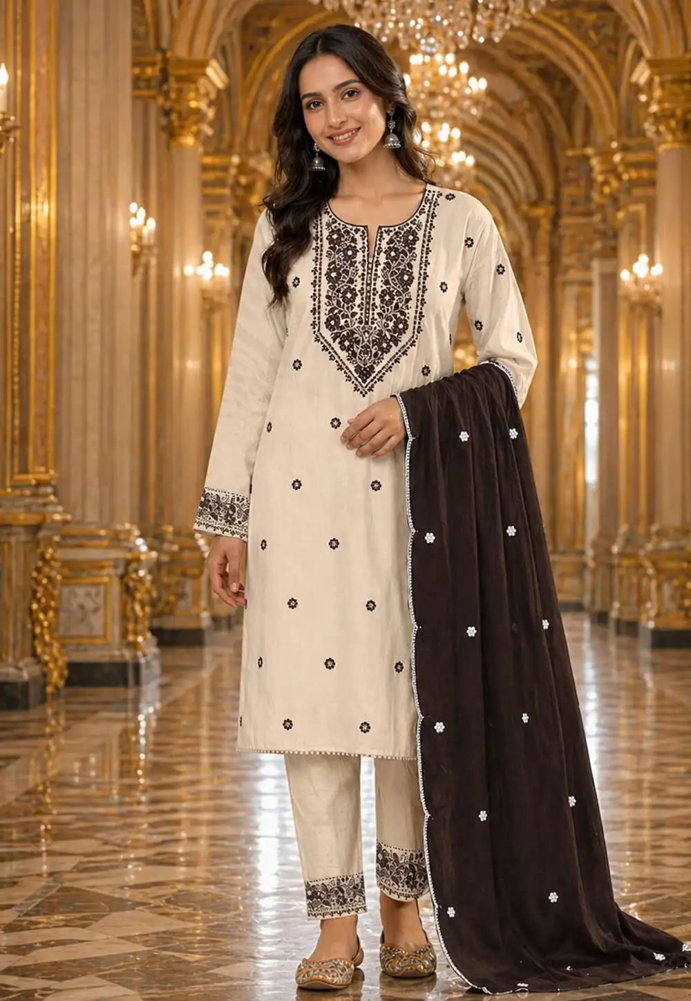 Off White Khadi Cotton Straight Suit 328133