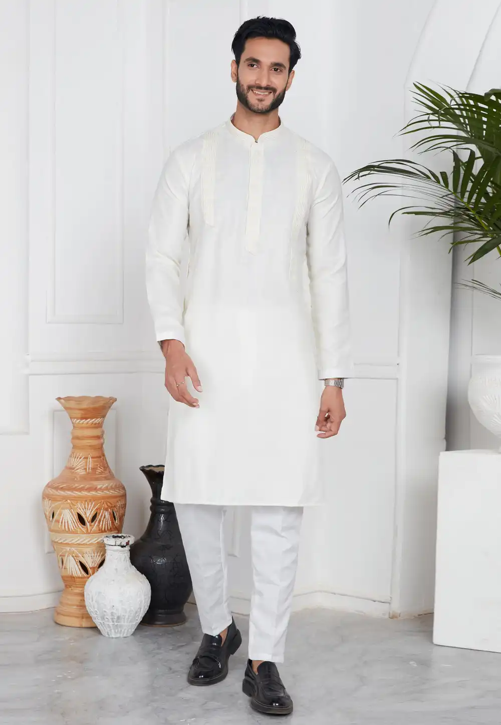 Off White Linen Kurta Pajama 283364
