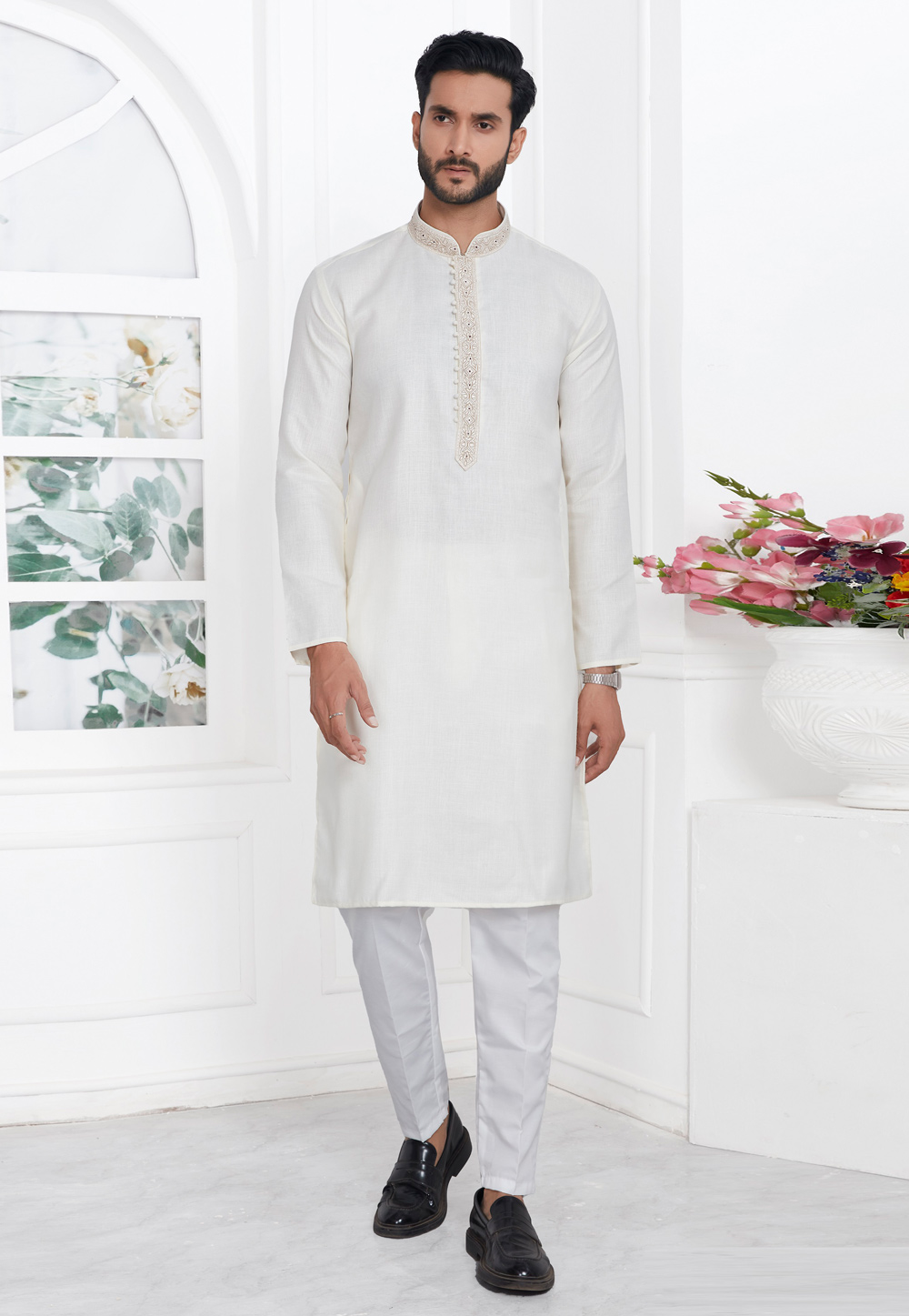 Off White Linen Kurta Pajama 283354
