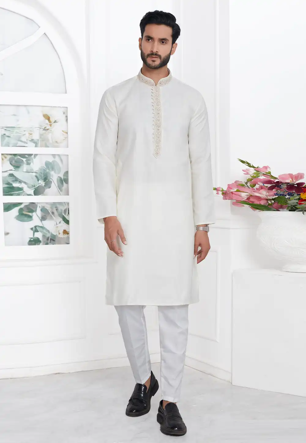 Off White Linen Kurta Pajama 283354