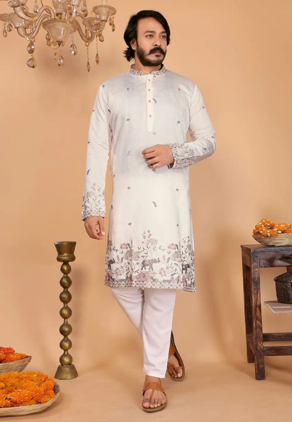 Off White Linen Kurta Pajama 322100